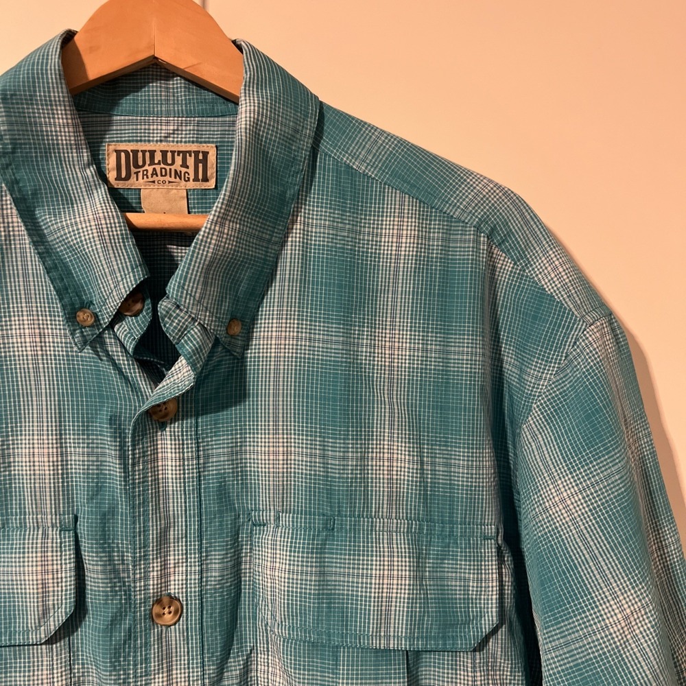 Duluth Trading Co Shirt Mens Large Button Down Short Sleeve‎ Turquoise Plaid